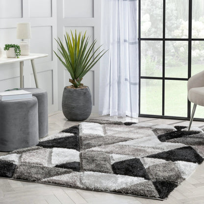 Holland Modern Geometric Black 3D Textured Thick & Soft Shag Rug Well Woven