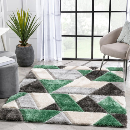 Holland Modern Geometric Green 3D Textured Thick & Soft Shag Rug Well Woven