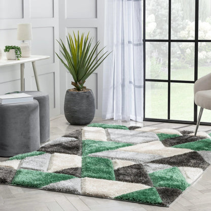 Holland Modern Geometric Green 3D Textured Thick & Soft Shag Rug Well Woven