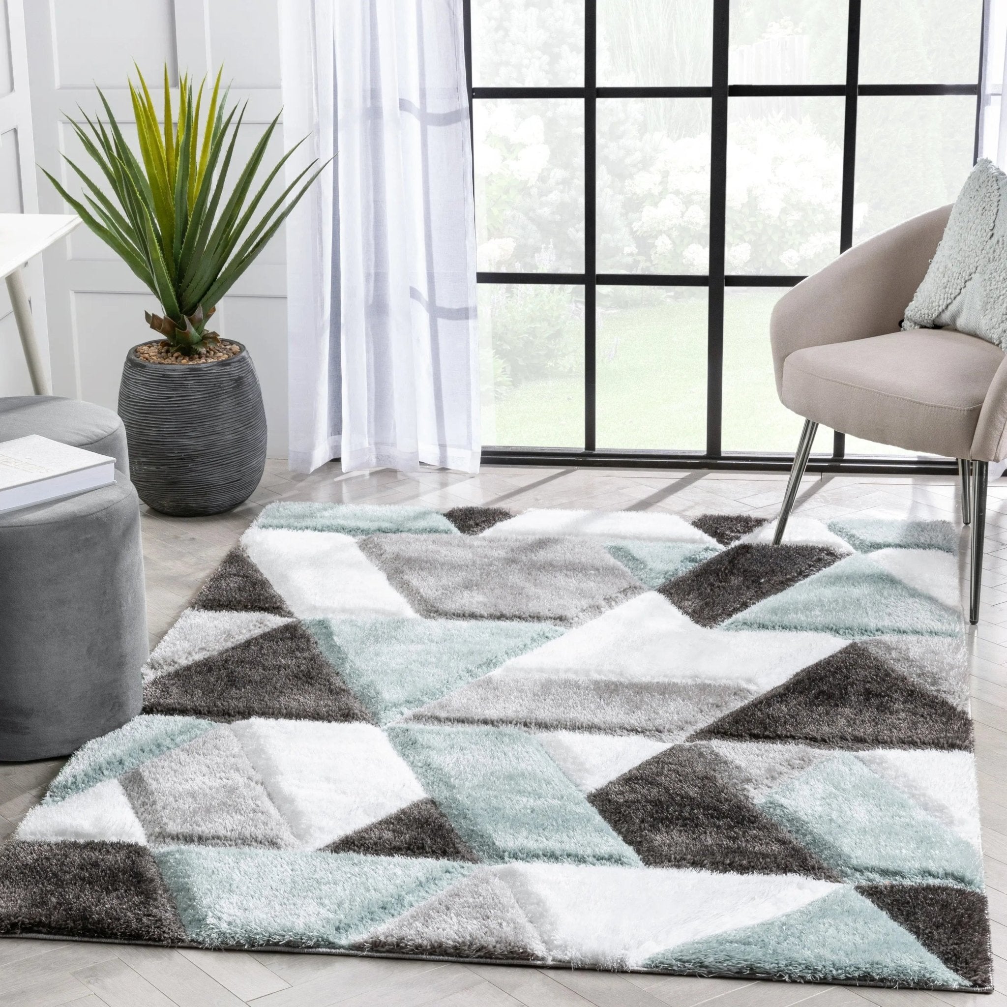 Holland Modern Geometric Light Blue 3D Textured Thick & Soft Shag Rug Well Woven