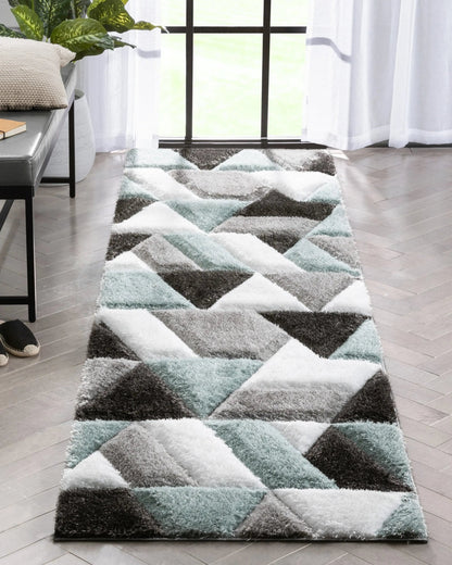 Holland Modern Geometric Light Blue 3D Textured Thick & Soft Shag Rug Well Woven
