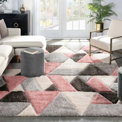 Holland Modern Geometric Blush 3D Textured Thick & Soft Shag Rug Well Woven