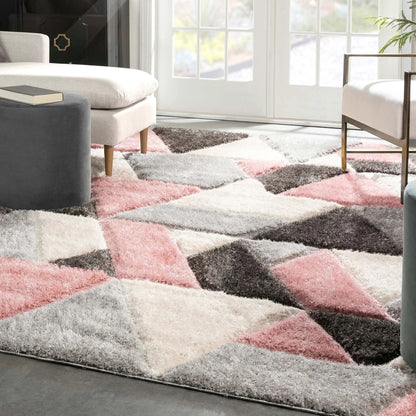 Holland Modern Geometric Blush 3D Textured Thick & Soft Shag Rug Well Woven