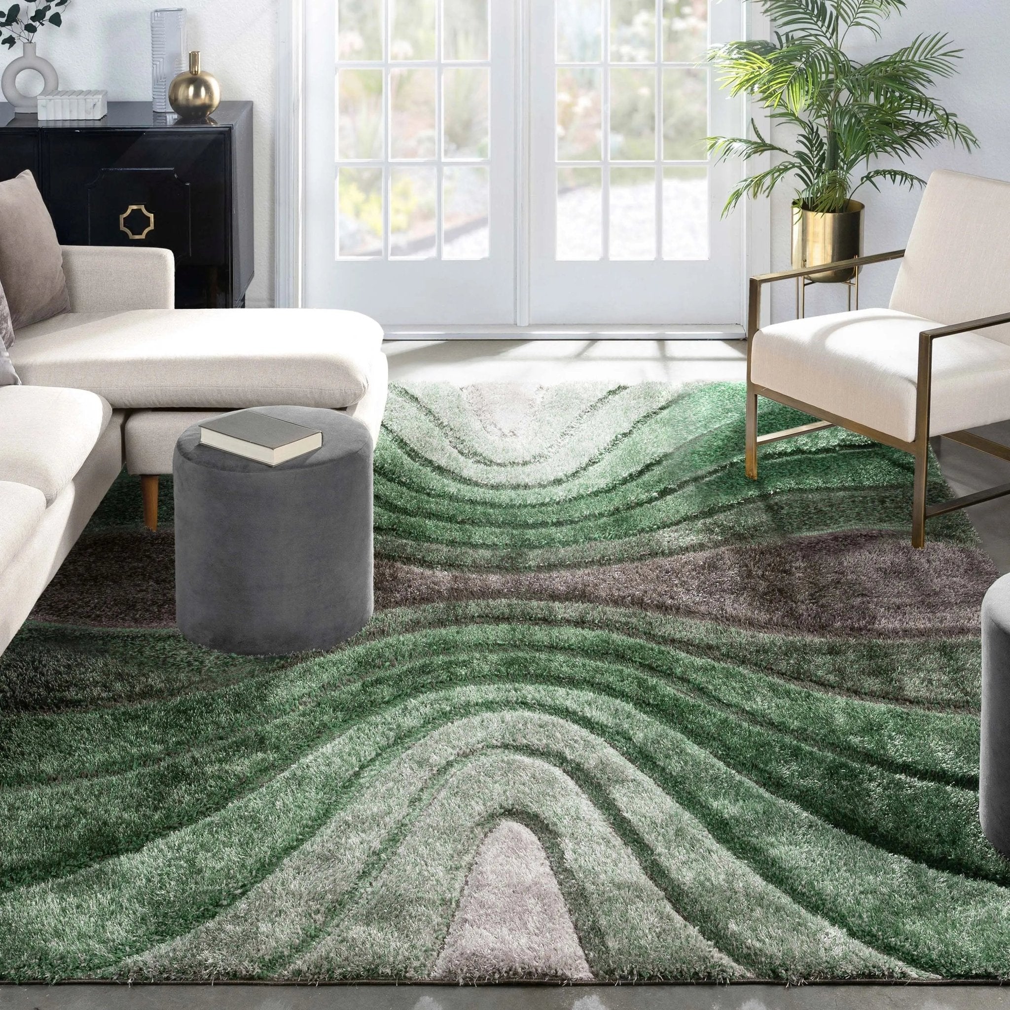 Luz Modern Geometric Green 3D Textured Thick & Soft Shag Rug Well Woven