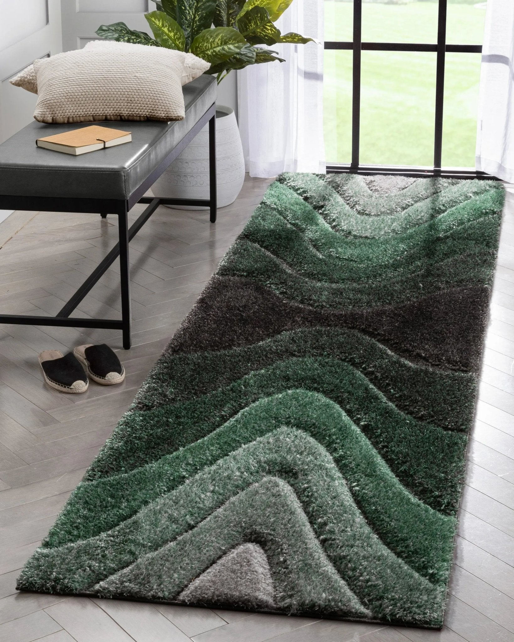 Luz Modern Geometric Green 3D Textured Thick & Soft Shag Rug Well Woven