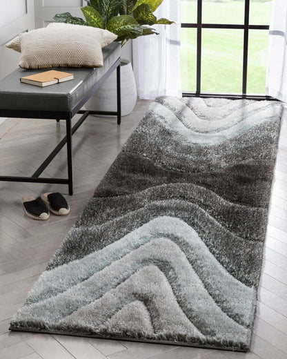 Luz Modern Geometric Light Blue 3D Textured Thick & Soft Shag Rug Well Woven