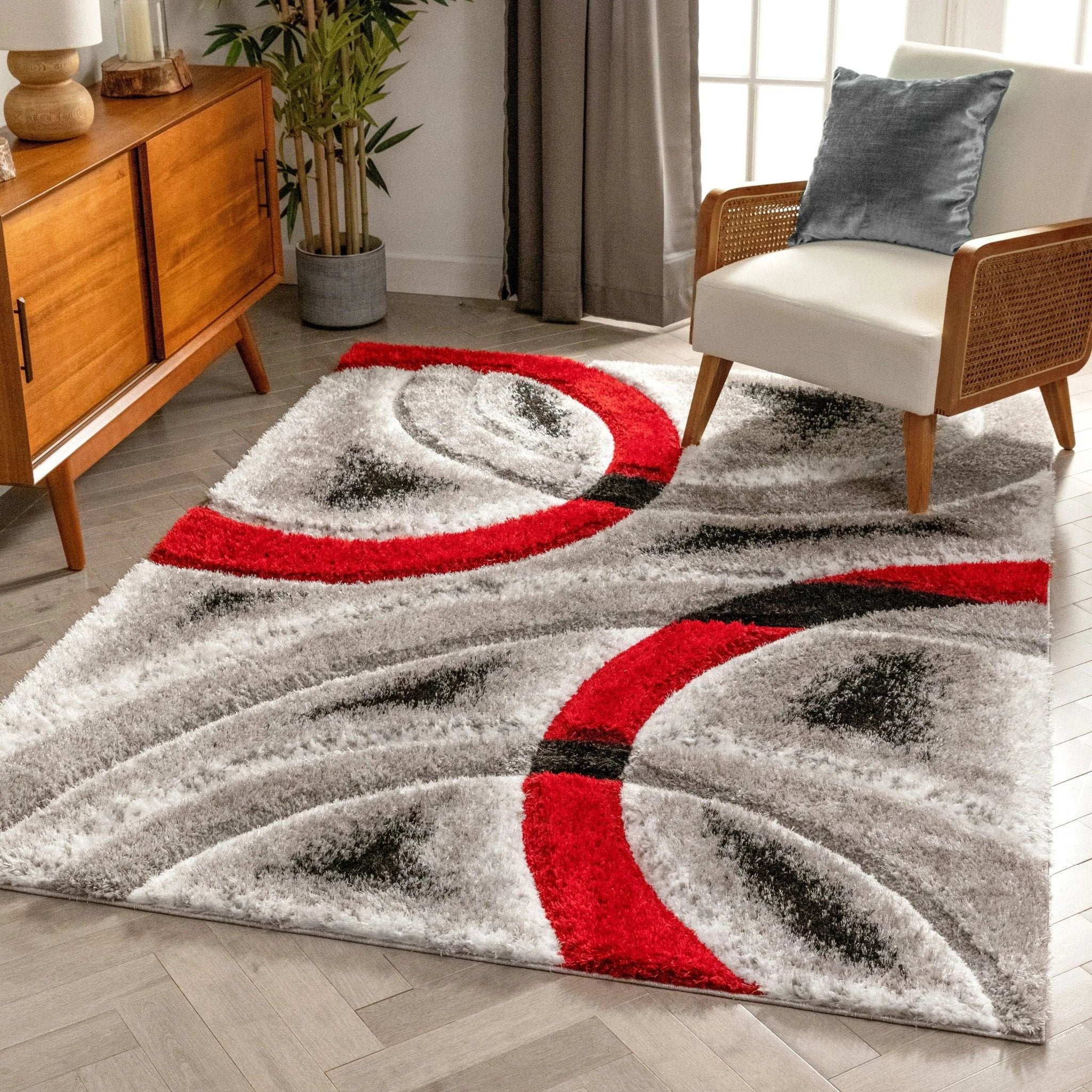 Oahu Red Modern Geometric 3D Textured Shag 5'3" x 7'3" Rug Well Woven