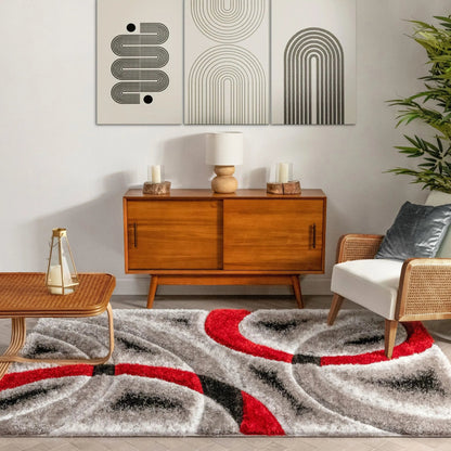 Oahu Red Modern Geometric 3D Textured Shag 5'3" x 7'3" Rug Well Woven