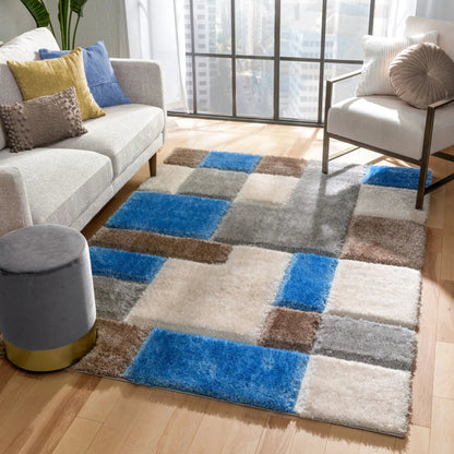 Escondido  Modern Geometric Boxes Shag Light Blue 3D Textured Thick & Soft Shag Rug Well Woven