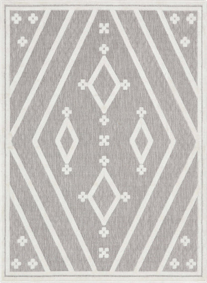 Mali Tribal Diamond Pattern Indoor/Outdoor Grey High-Low Rug Well Woven