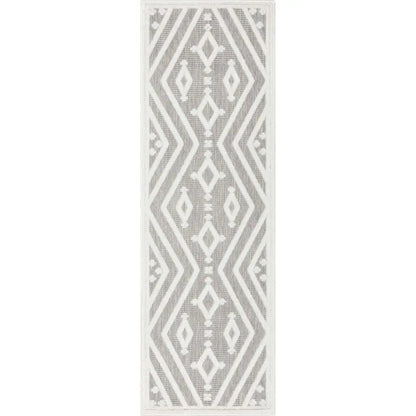 Mali Tribal Diamond Pattern Indoor/Outdoor Grey High-Low Rug Well Woven