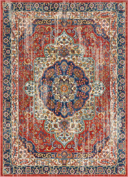 Alisha Crimson Traditional Medallion Distressed Rug Well Woven