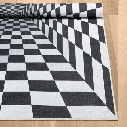 Warp Bottomless Hole 3D Geometric Black Ivory Area Flat-Weave Rug Well Woven