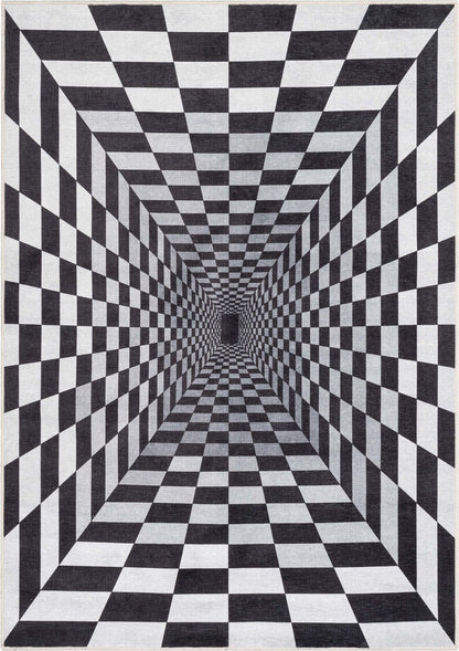 Warp Bottomless Hole 3D Geometric Black Ivory Area Flat-Weave Rug Well Woven