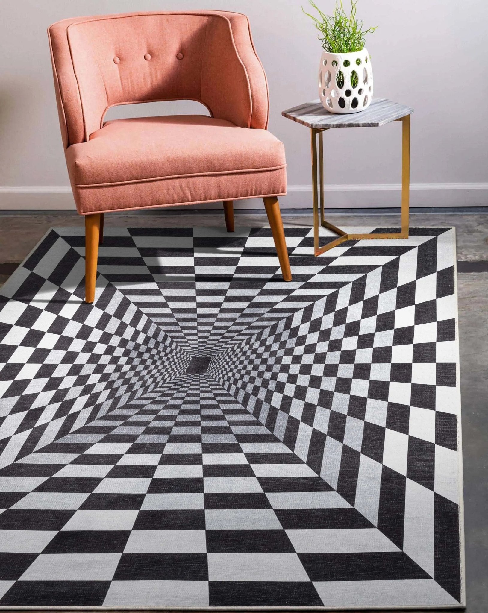 Warp Bottomless Hole 3D Geometric Black Ivory Area Flat-Weave Rug Well Woven