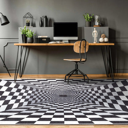 Warp Bottomless Hole 3D Geometric Black Ivory Area Flat-Weave Rug Well Woven