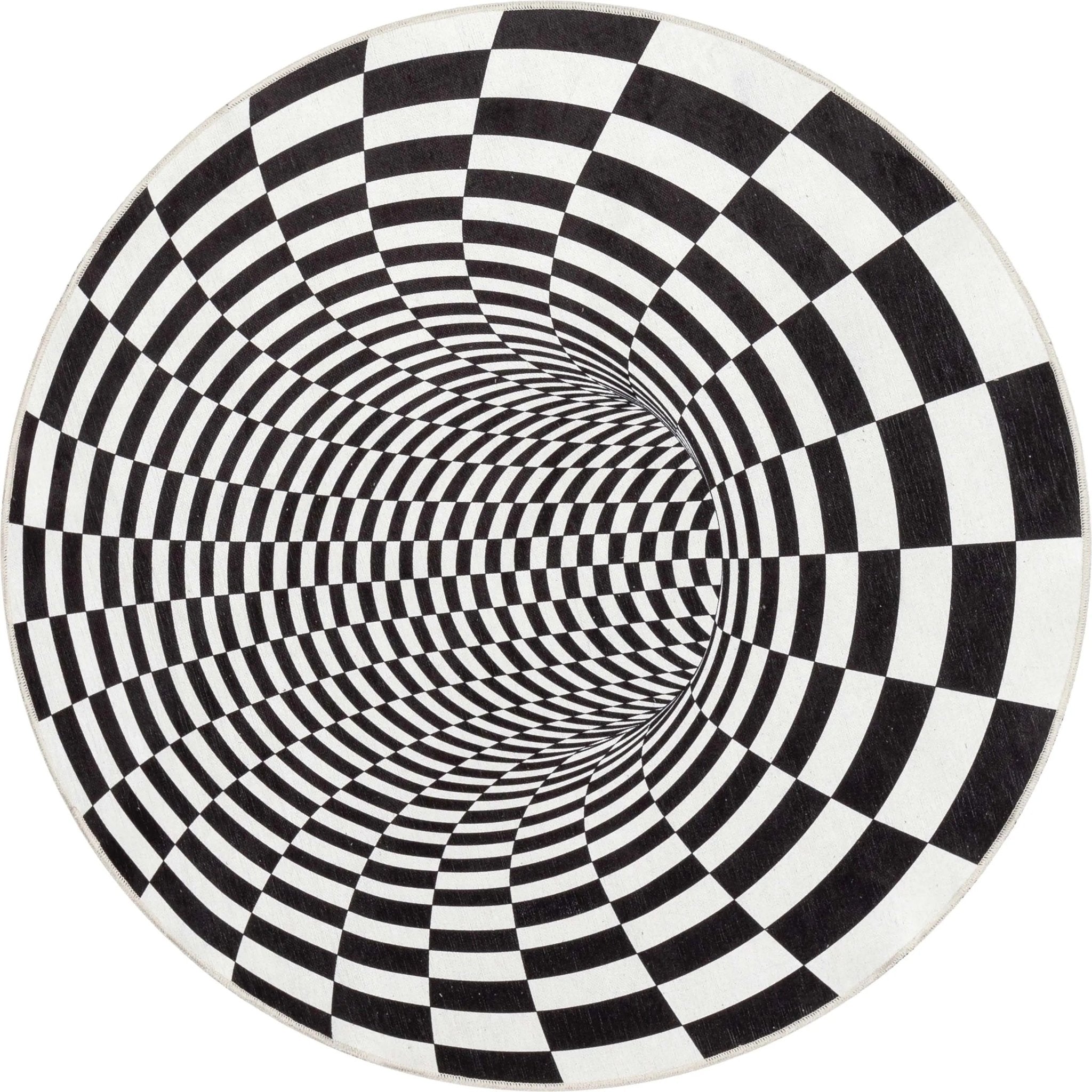 Vortex 3D Bottomless Hole Black Ivory Area Flat-Weave Rug Well Woven