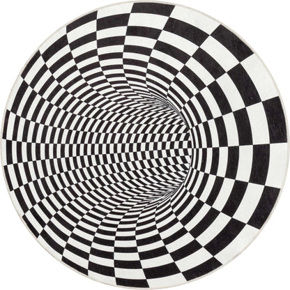 Vortex 3D Bottomless Hole Black Ivory Area Flat-Weave Rug Well Woven