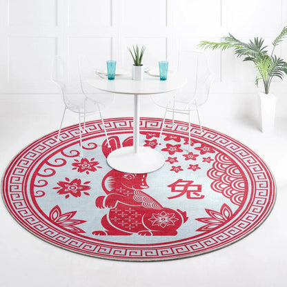 Chinese Calendar Lunar Year of the Rabbit Red Flat-Weave Rug Well Woven
