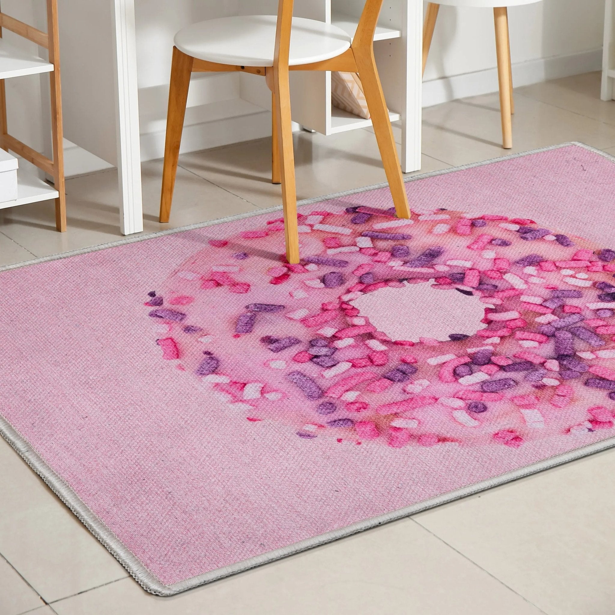 Pink Sprinkles Donut Novelty Pink Flat-Weave Rug Well Woven