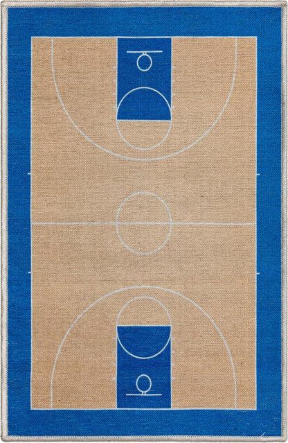 Apollo Basketball Tan Blue Flat-Weave Rug Well Woven