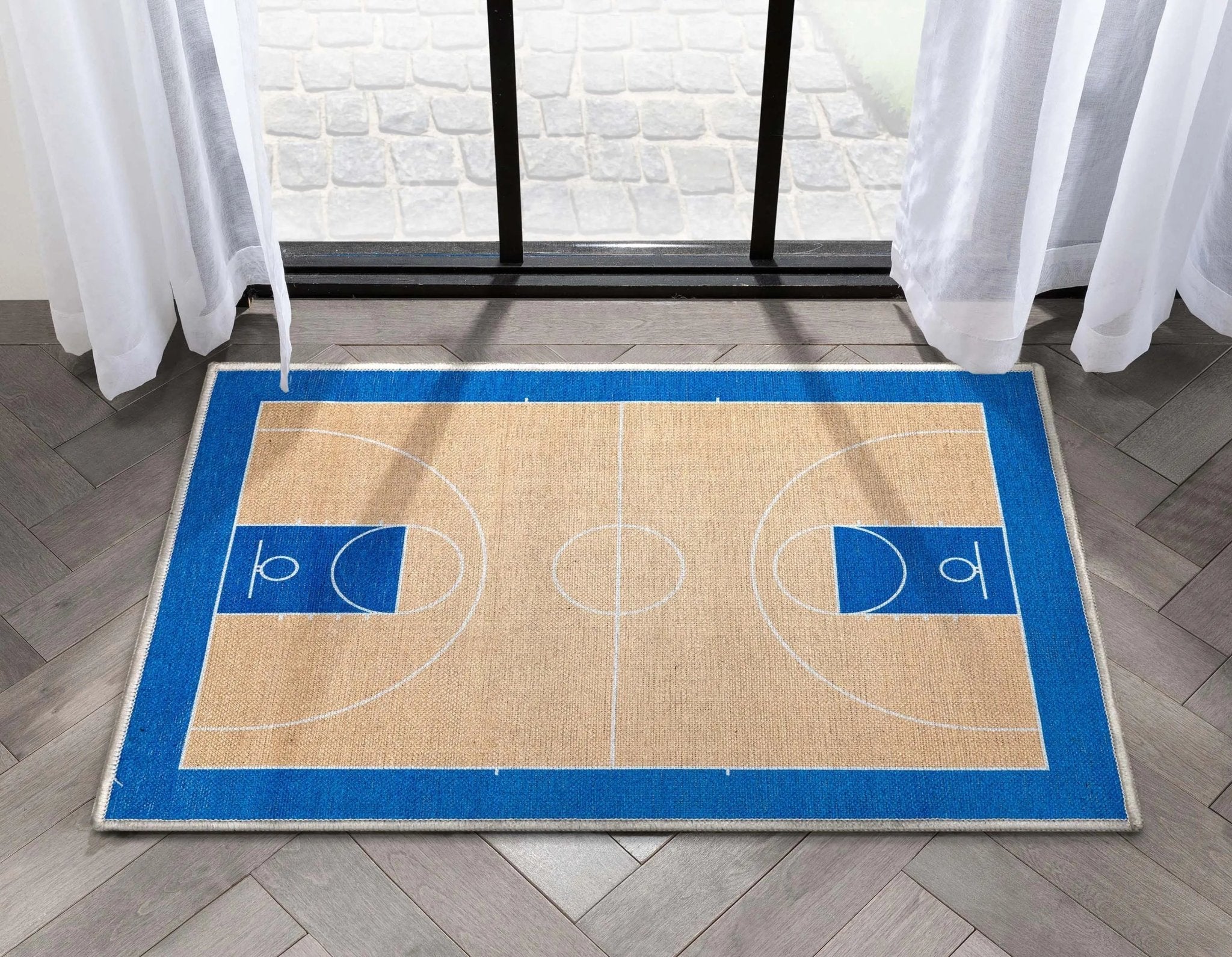 Apollo Basketball Tan Blue Flat-Weave Rug Well Woven