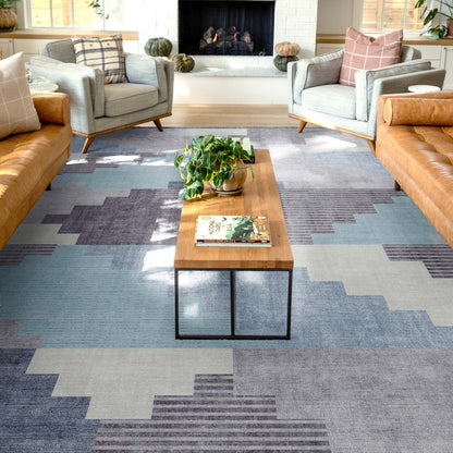 Portsmouth Southwestern Pattern Blue Flat-Weave Rug Well Woven
