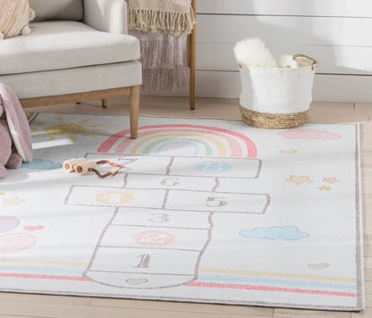 Hopscotch Rainbow Modern Multi Beige Kids Flat-Weave Rug Well Woven