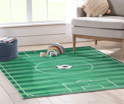 Soccer Field Modern Green Kids Flat-Weave Rug Well Woven