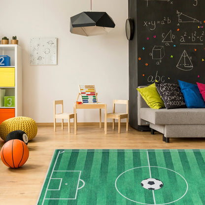 Soccer Field Modern Green Kids Flat-Weave Rug Well Woven