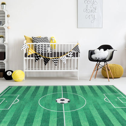 Soccer Field Modern Green Kids Flat-Weave Rug Well Woven