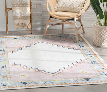 Ethnic Soft Medallion Modern Pink Beige Kids Flat-Weave Rug Well Woven