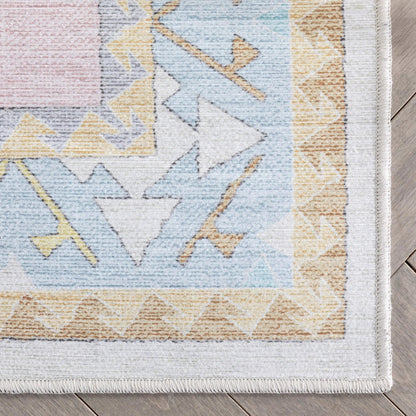 Ethnic Soft Medallion Modern Pink Light Blue Kids Flat-Weave Rug Well Woven