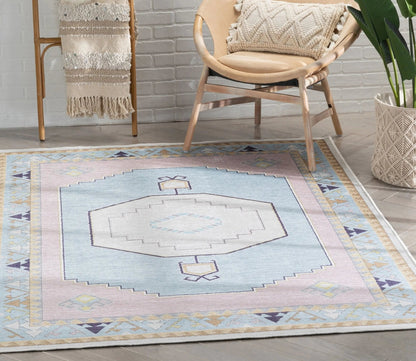 Ethnic Soft Medallion Modern Pink Light Blue Kids Flat-Weave Rug Well Woven