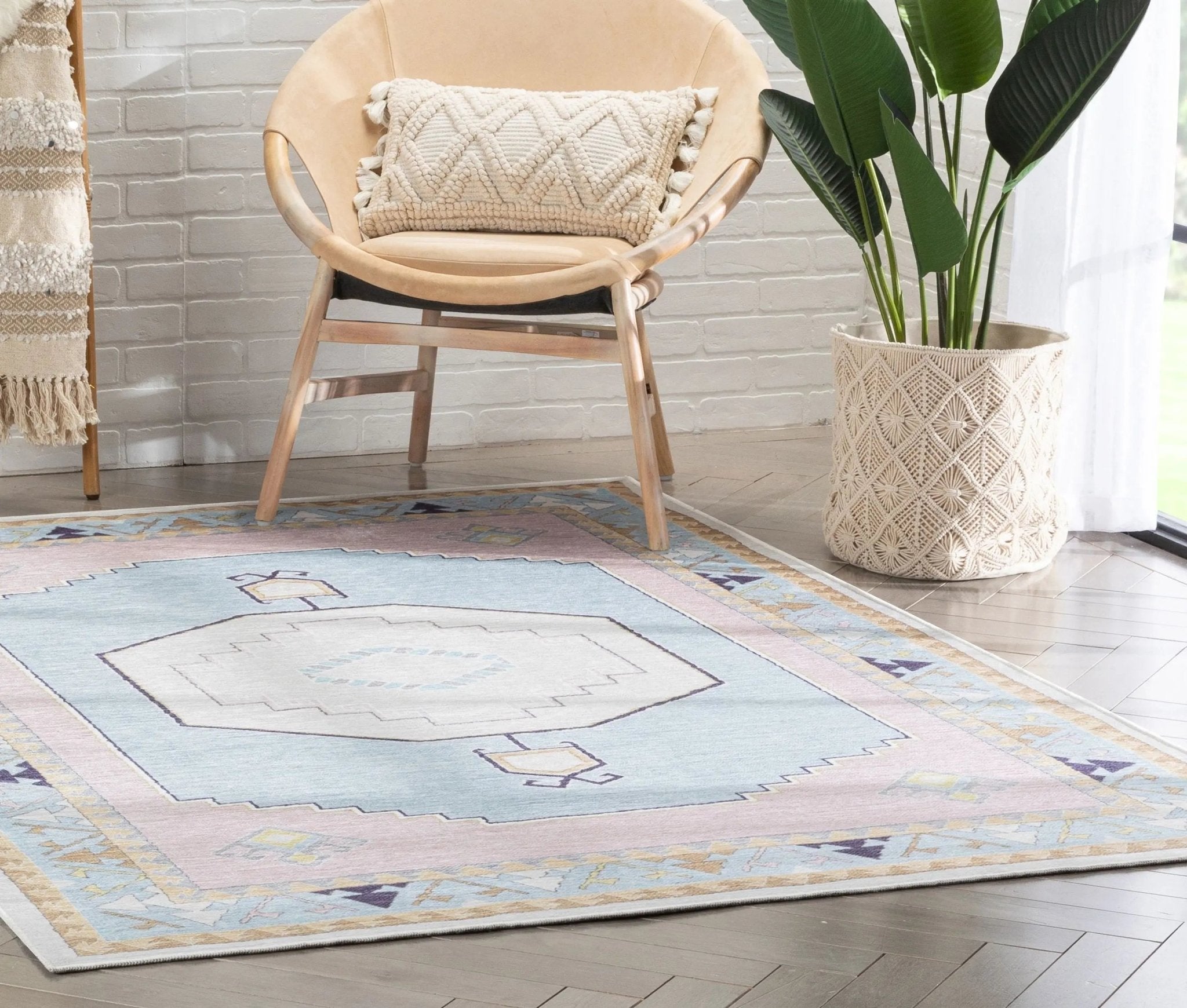 Ethnic Soft Medallion Modern Pink Light Blue Kids Flat-Weave Rug Well Woven