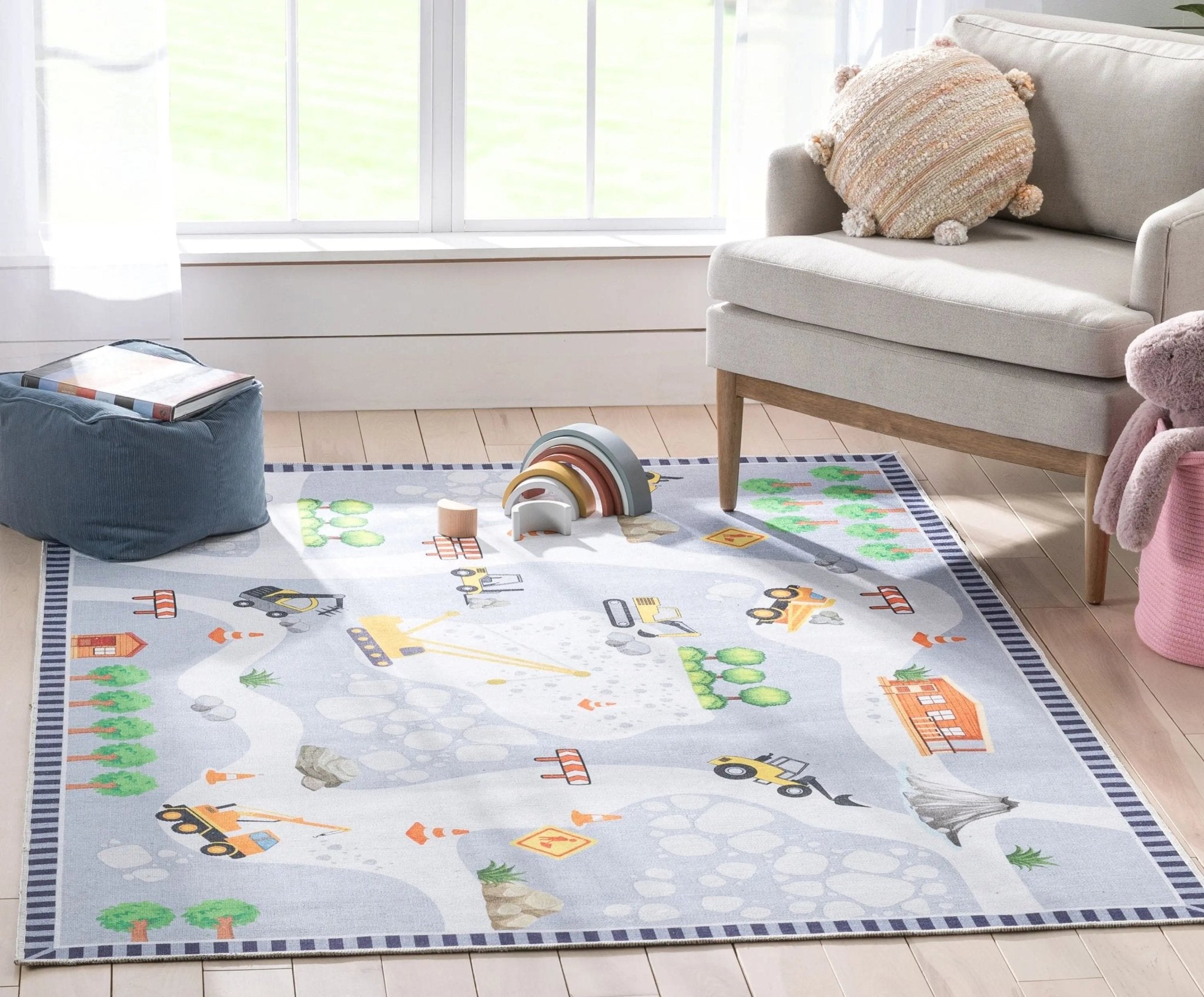 Construction Modern Grey Multi Kids Flat-Weave Rug Well Woven