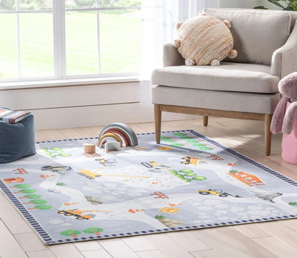 Construction Modern Grey Multi Kids Flat-Weave Rug Well Woven