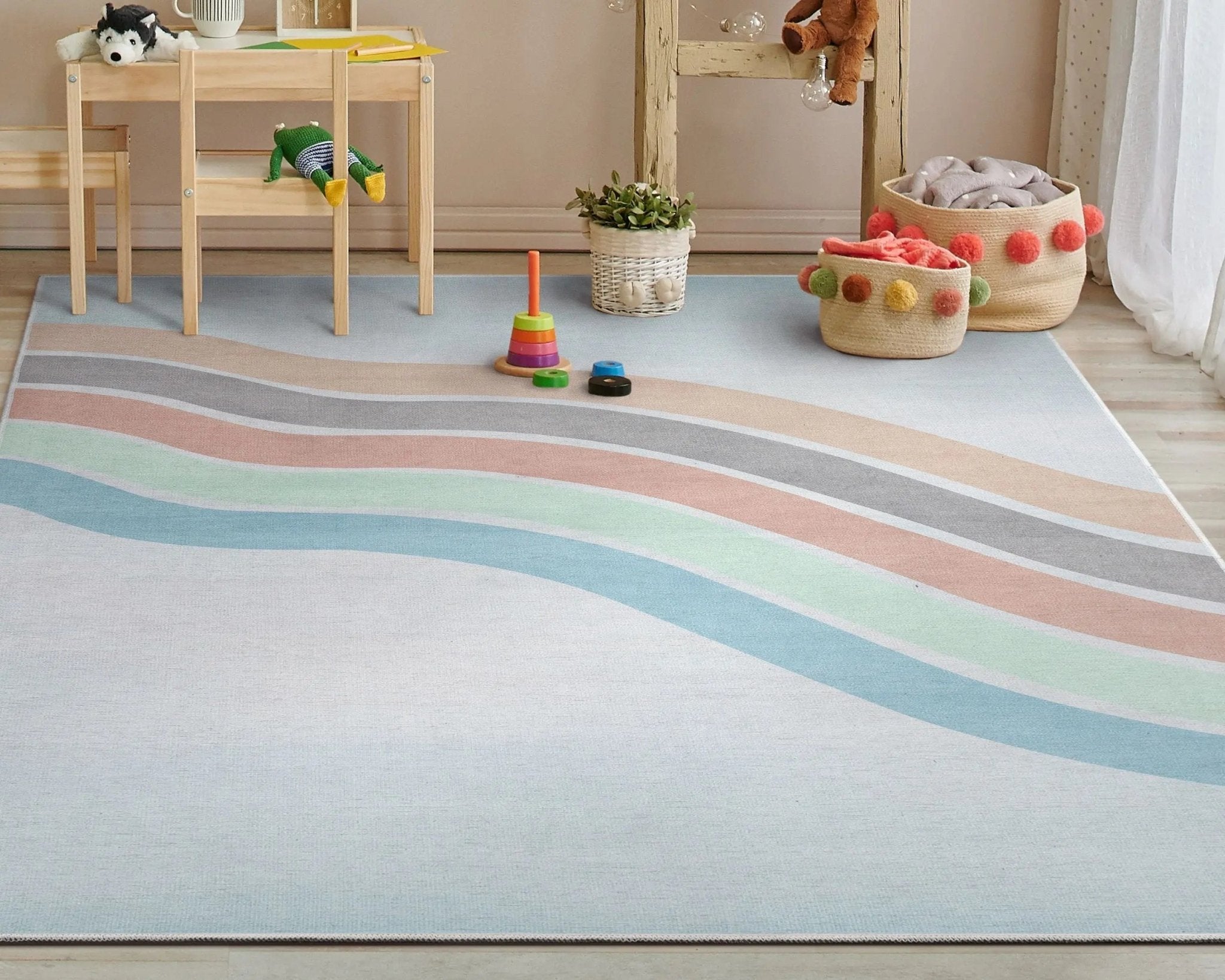 Curved Rainbow Modern Multi Color Pastel Area Flat-Weave Rug Well Woven