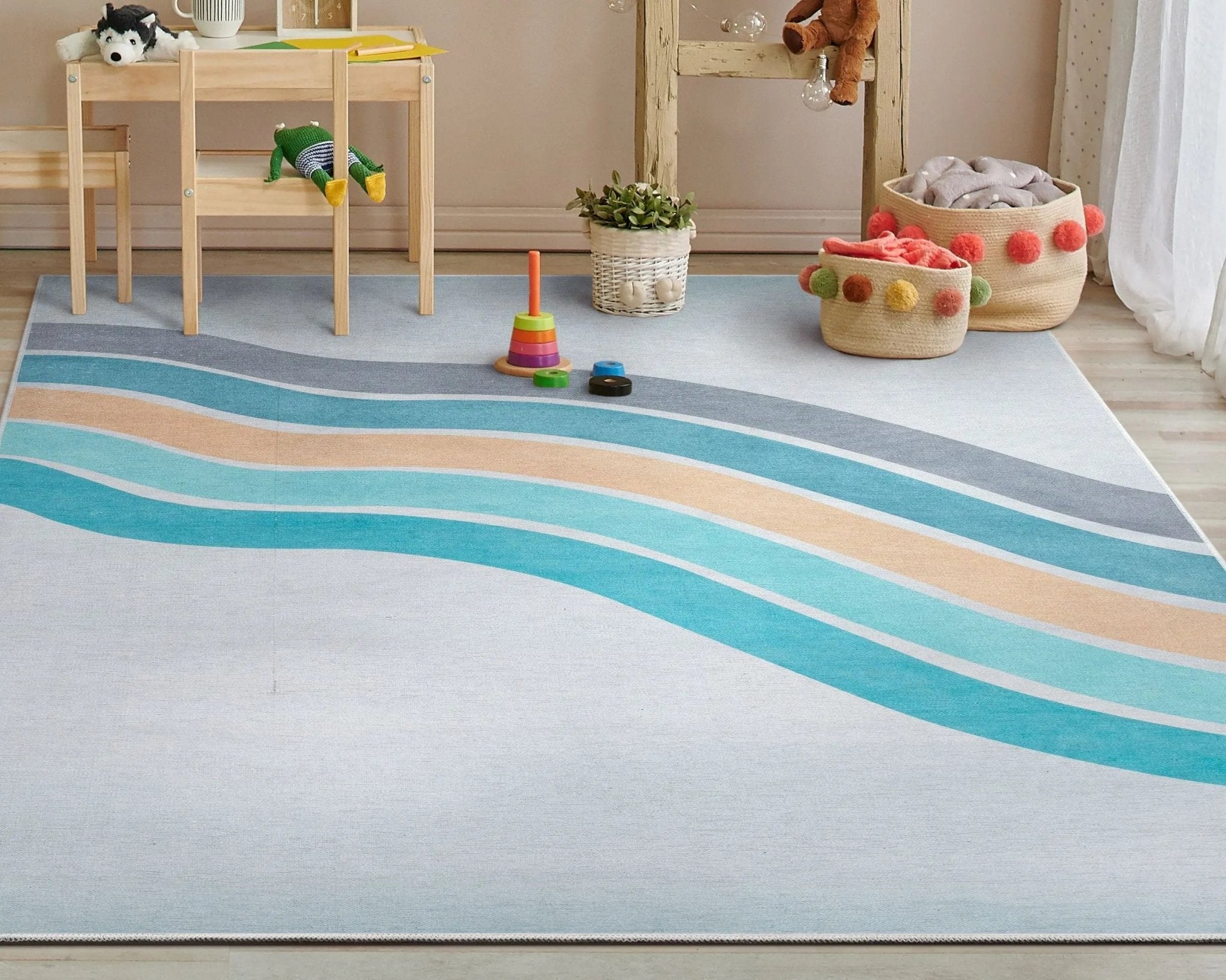 Curved Rainbow Modern Multi Color Blue Area Flat-Weave Rug Well Woven
