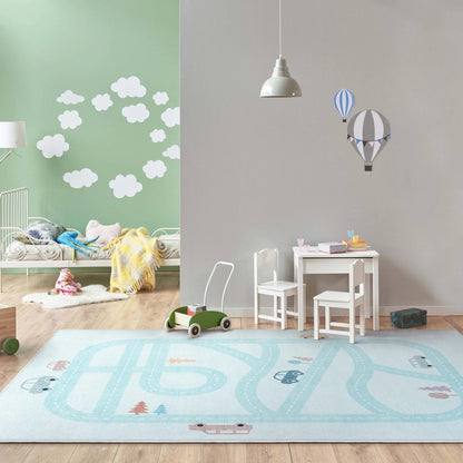 Playful Roads Modern Blue Area Flat-Weave Rug Well Woven