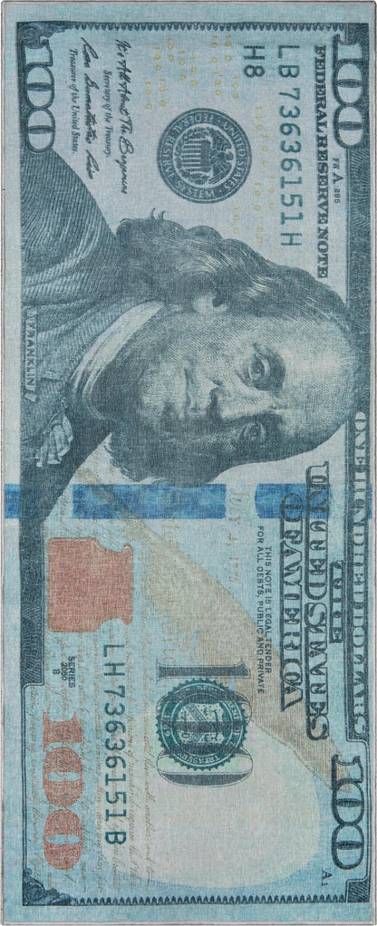 New Hundred Dollar Bill Green Blue Novelty Runner Flat-Weave Rug Well Woven