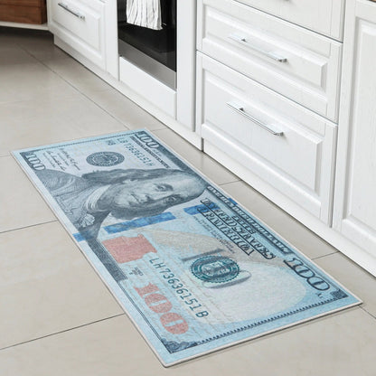 New Hundred Dollar Bill Green Blue Novelty Runner Flat-Weave Rug Well Woven