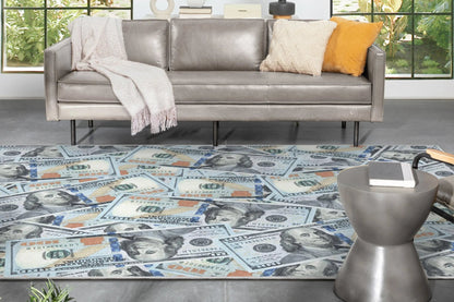 New Hundred Dollar Bill Stacked Green Blue Area Flat-Weave Rug Well Woven