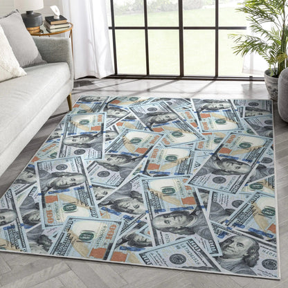 New Hundred Dollar Bill Stacked Green Blue Area Flat-Weave Rug Well Woven