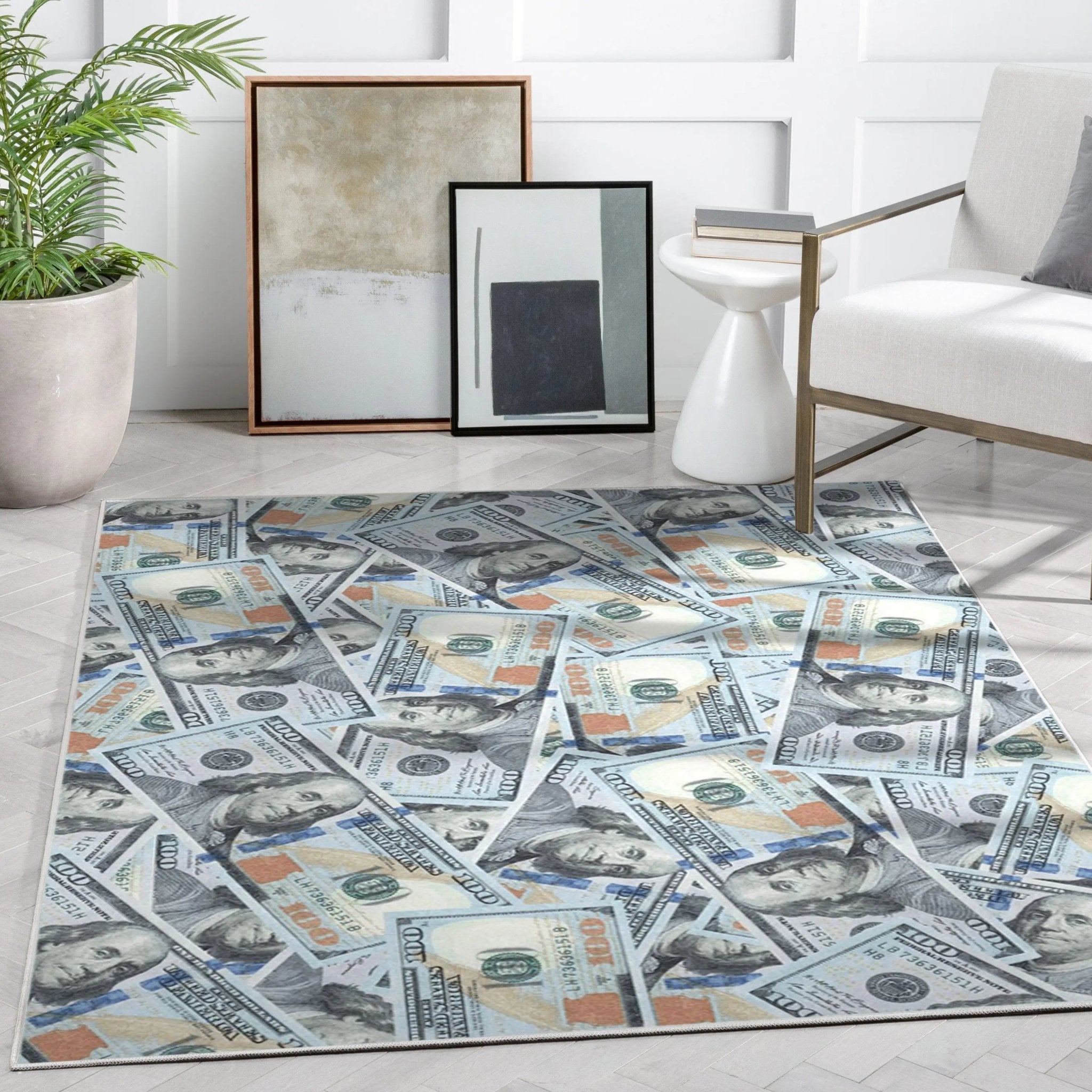 New Hundred Dollar Bill Stacked Green Blue Area Flat-Weave Rug Well Woven