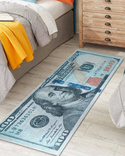 New Hundred Dollar Bill Green Blue Novelty Runner Flat-Weave Rug Well Woven