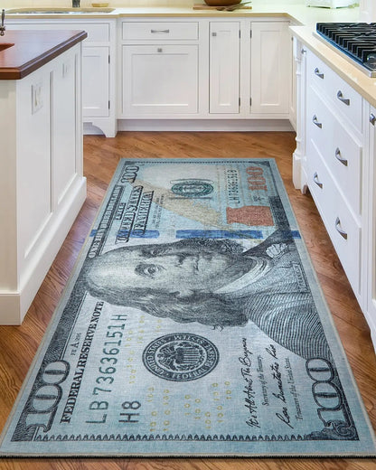 New Hundred Dollar Bill Green Blue Novelty Runner Flat-Weave Rug Well Woven