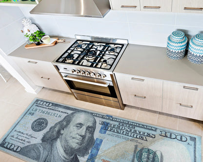 New Hundred Dollar Bill Green Blue Novelty Runner Flat-Weave Rug Well Woven