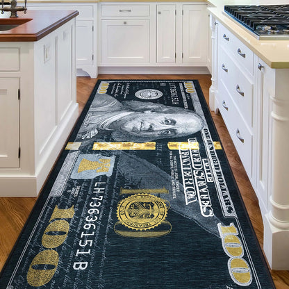 New Hundred Dollar Bill Black Black Novelty Runner Flat-Weave Rug Well Woven