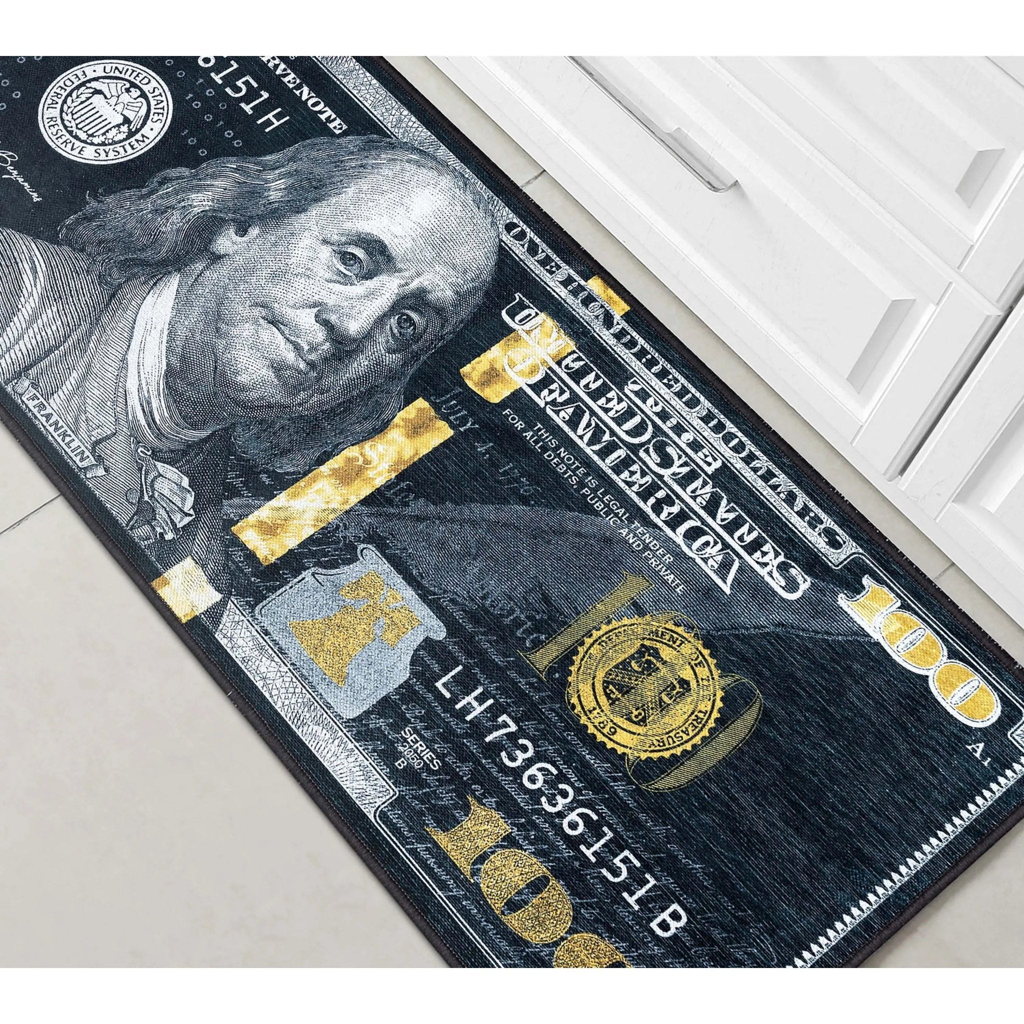 New Hundred Dollar Bill Black Black Novelty Runner Flat-Weave Rug Well Woven